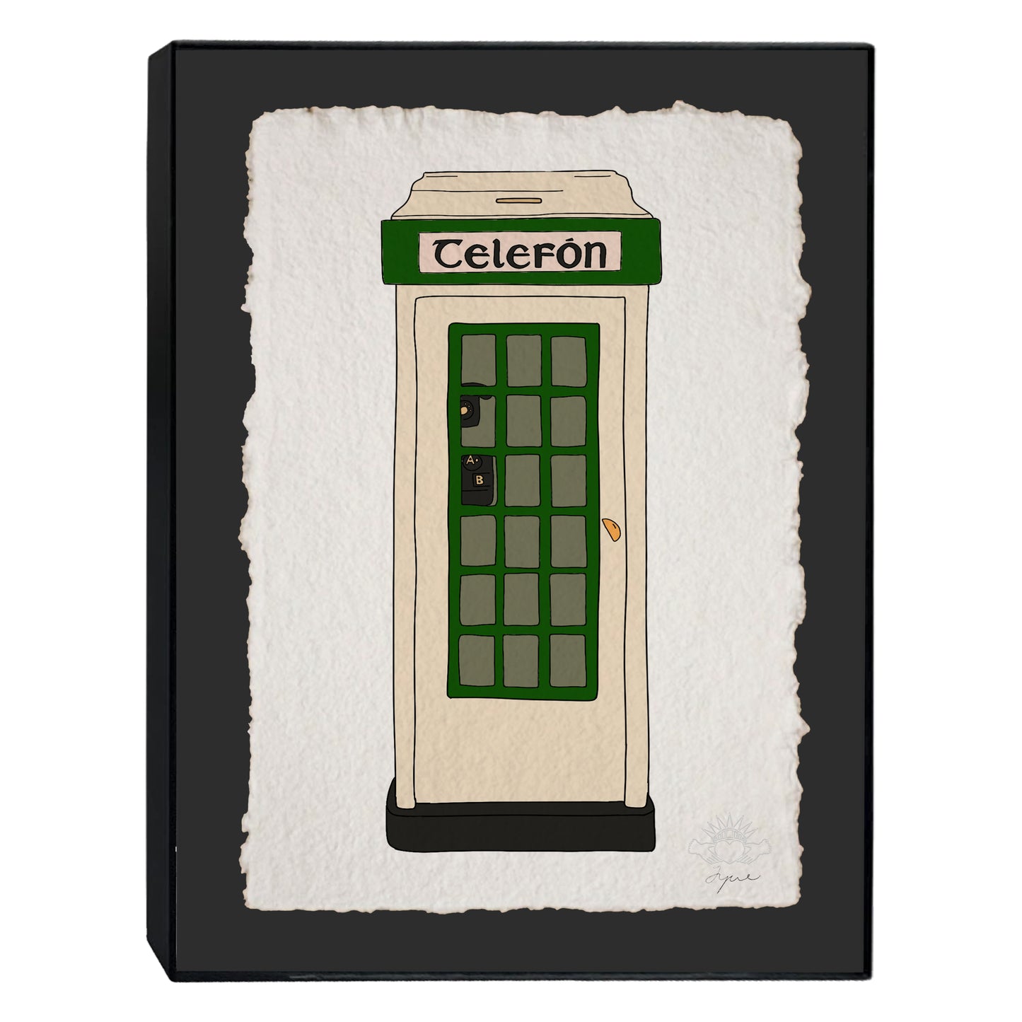 Hand-illustrated classic Irish phone box print, floated on black backing. Each print is signed in pencil at the bottom left and embossed with the FYRNE logo. Framed in an 11x14 inch black frame
