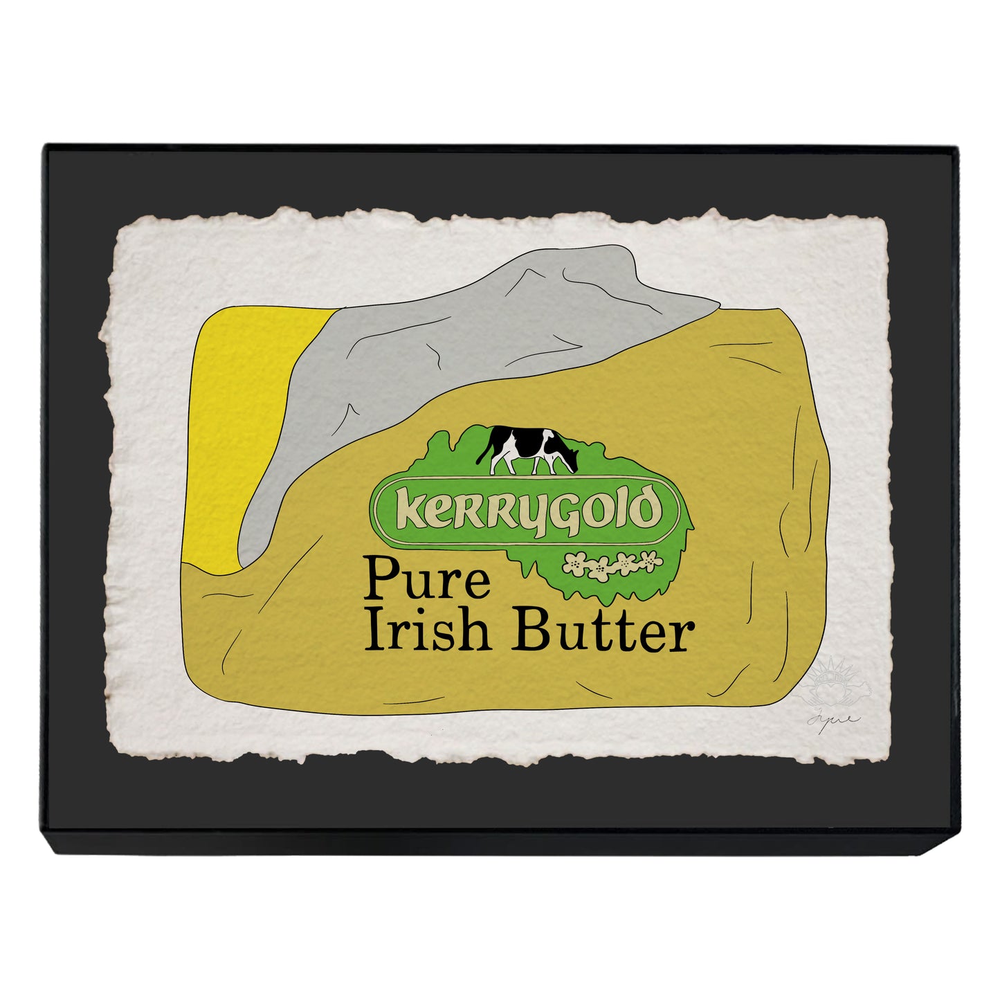 Hand-drawn 14x11 inch print of 1980s Kerrygold Irish butter packaging, signed and embossed FYRNE artwork in black frame with glass