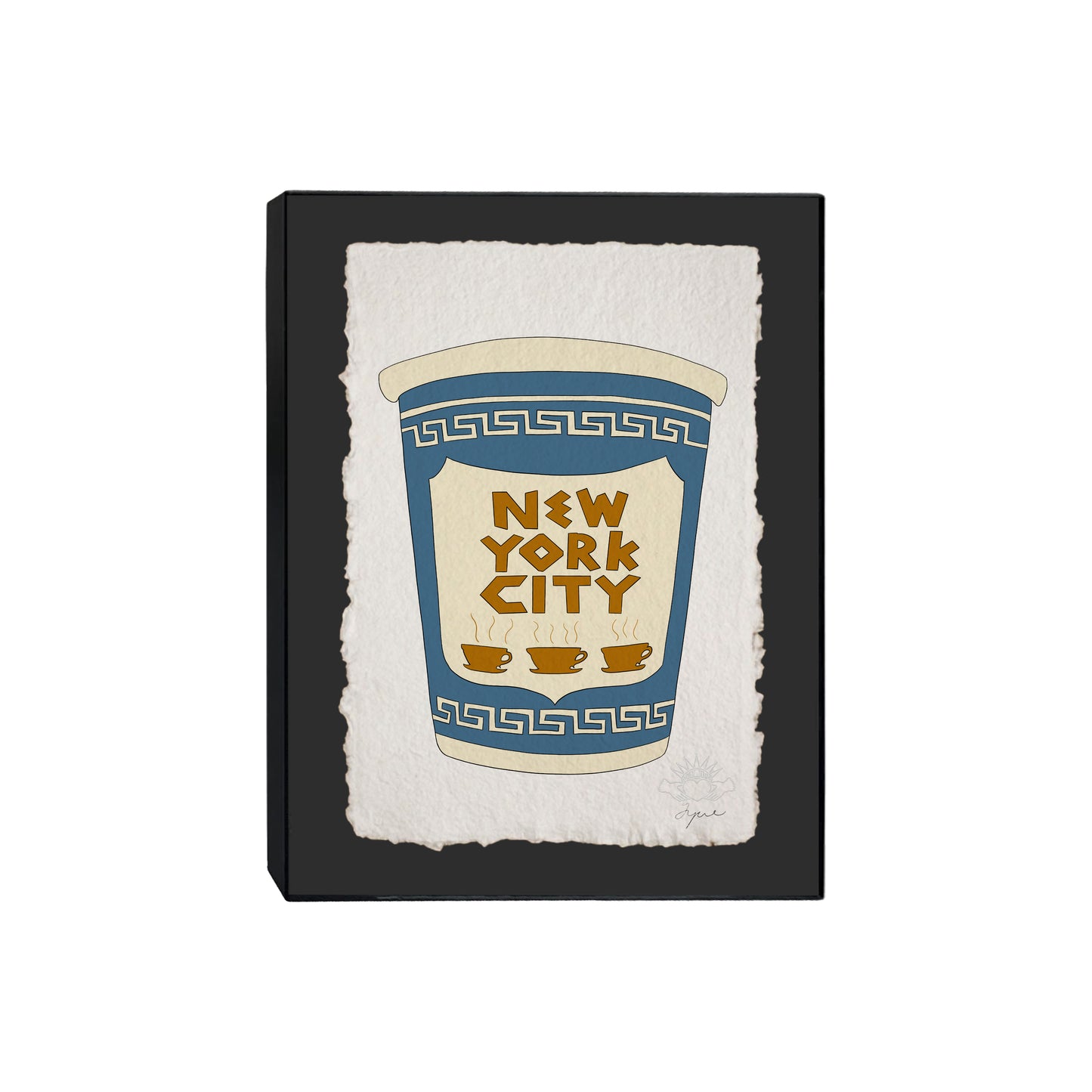 Hand-drawn NYC coffee cup print framed in black, signed and embossed FYRNE artwork on recycled cotton paper.