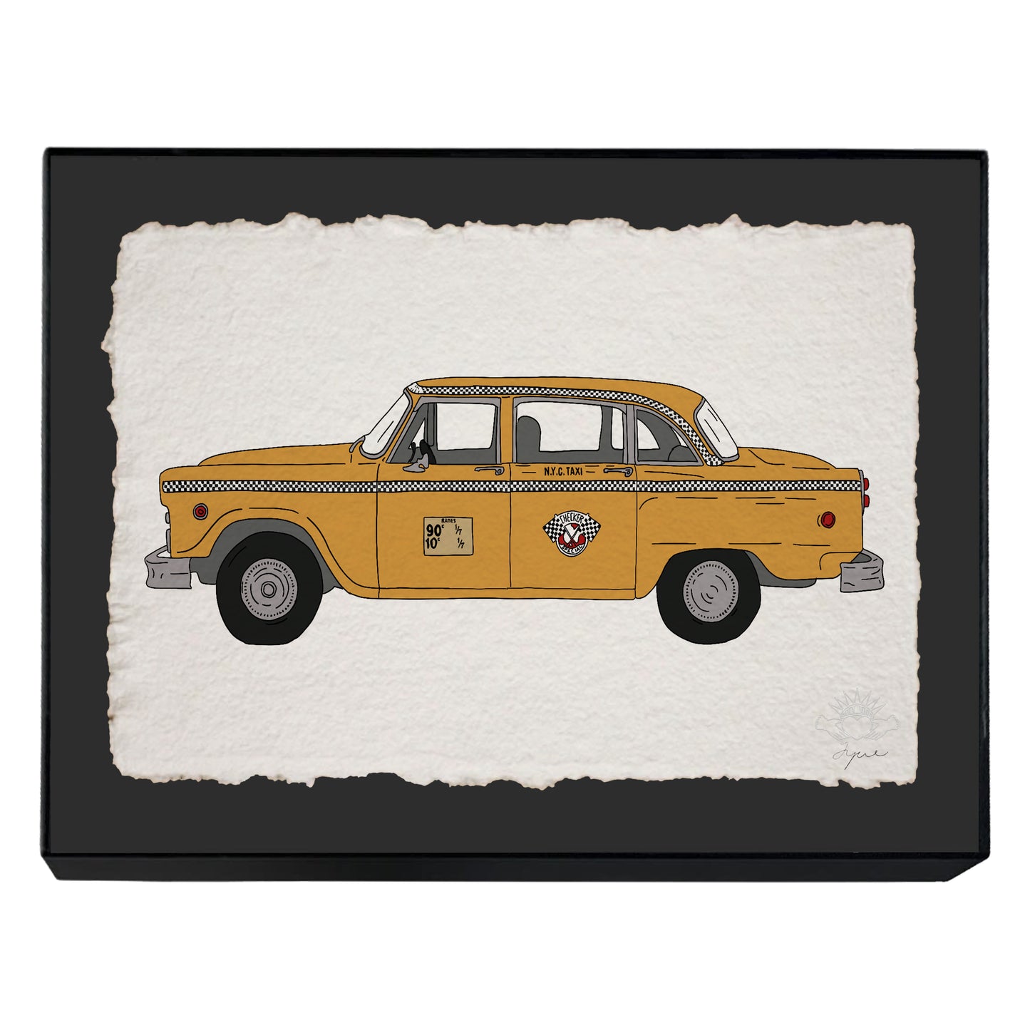 Hand-drawn NYC yellow cab print on textured paper, on black backing 14x 11 inch framed in black with glass, signed and embossed FYRNE artwork.