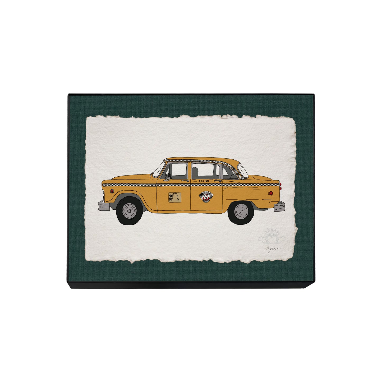 Hand-drawn NYC yellow cab print on textured paper, framed in black with glass, signed and embossed FYRNE artwork. size 8x10