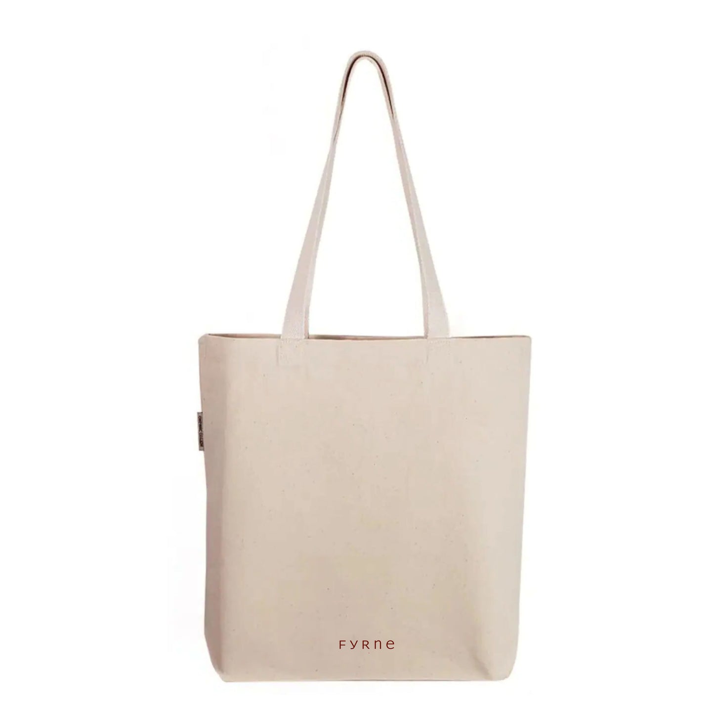 FYRNE logo tote bag — minimalist organic cotton canvas bag with small red FYRNE logo at base, ethically made and designed for everyday use.