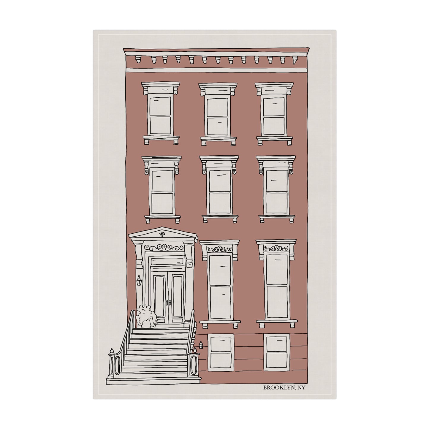 Ivrory tea towel featuring a hand-drawn illustration of an iconic Brooklyn brownstone home.