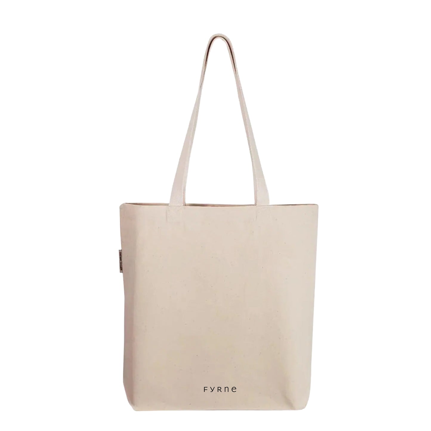 FYRNE logo tote bag — minimalist organic cotton canvas bag with small black FYRNE logo at base, ethically made and designed for everyday use.