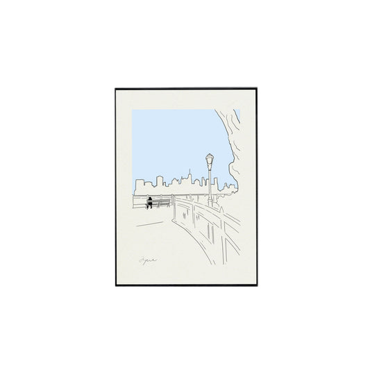 A hand drawn print of the Brooklyn Heights Promenade with the New York skyline in the distance. Framed, signed and printed on textured paper. 
