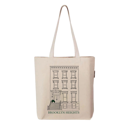 Organic cotton tote bag with hand-drawn Brooklyn Heights brownstone illustration.