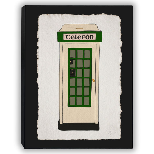 Hand-illustrated classic Irish phone box print, floated on black  backing. Each print is signed in pencil at the bottom left and embossed with the FYRNE logo. Framed in an 11x14 inch black frame 