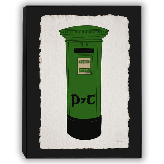 Hand-illustrated classic Irish postbox print on green backing. Each print is signed in pencil at the bottom left and embossed with the FYRNE logo. Framed in an 11x14 inch black frame 