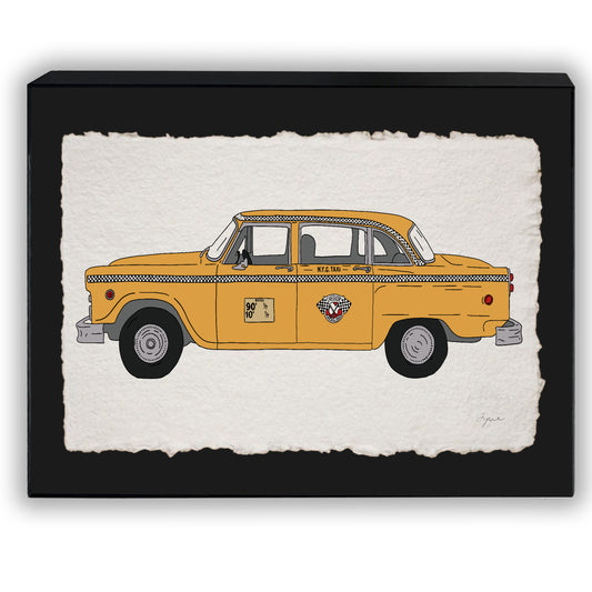 Hand-drawn NYC yellow cab print on textured paper, on black backing 14x 11 inch framed in black with glass, signed and embossed FYRNE artwork.