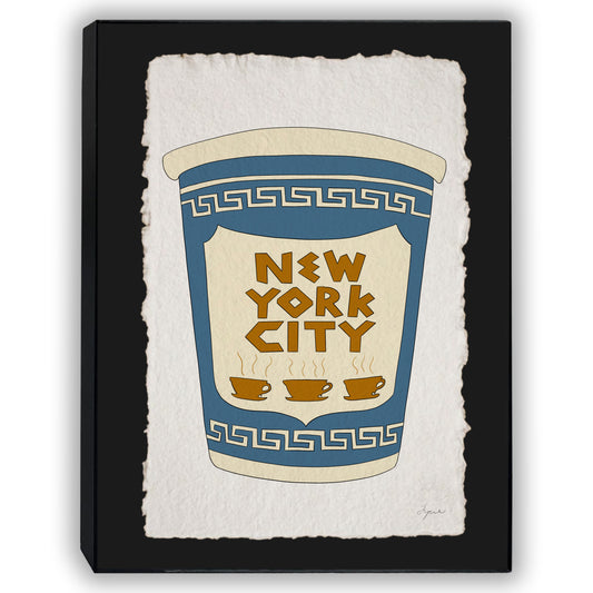 Framed art print of a hand drawn New York City blue coffee cup illustrated on handmade paper on  black background. Signed in pencil  in a black 11x14 frame