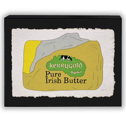 Hand-drawn 14x11 inch print of 1980s Kerrygold Irish butter packaging, signed and embossed FYRNE artwork in black frame with glass