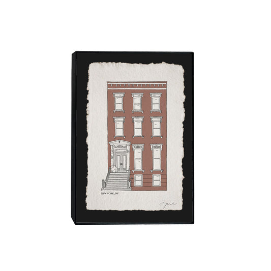 Framed art print of a hand drawn Brooklyn brownstone townhouse. Signed in pencil  in a black 5x7 frame
