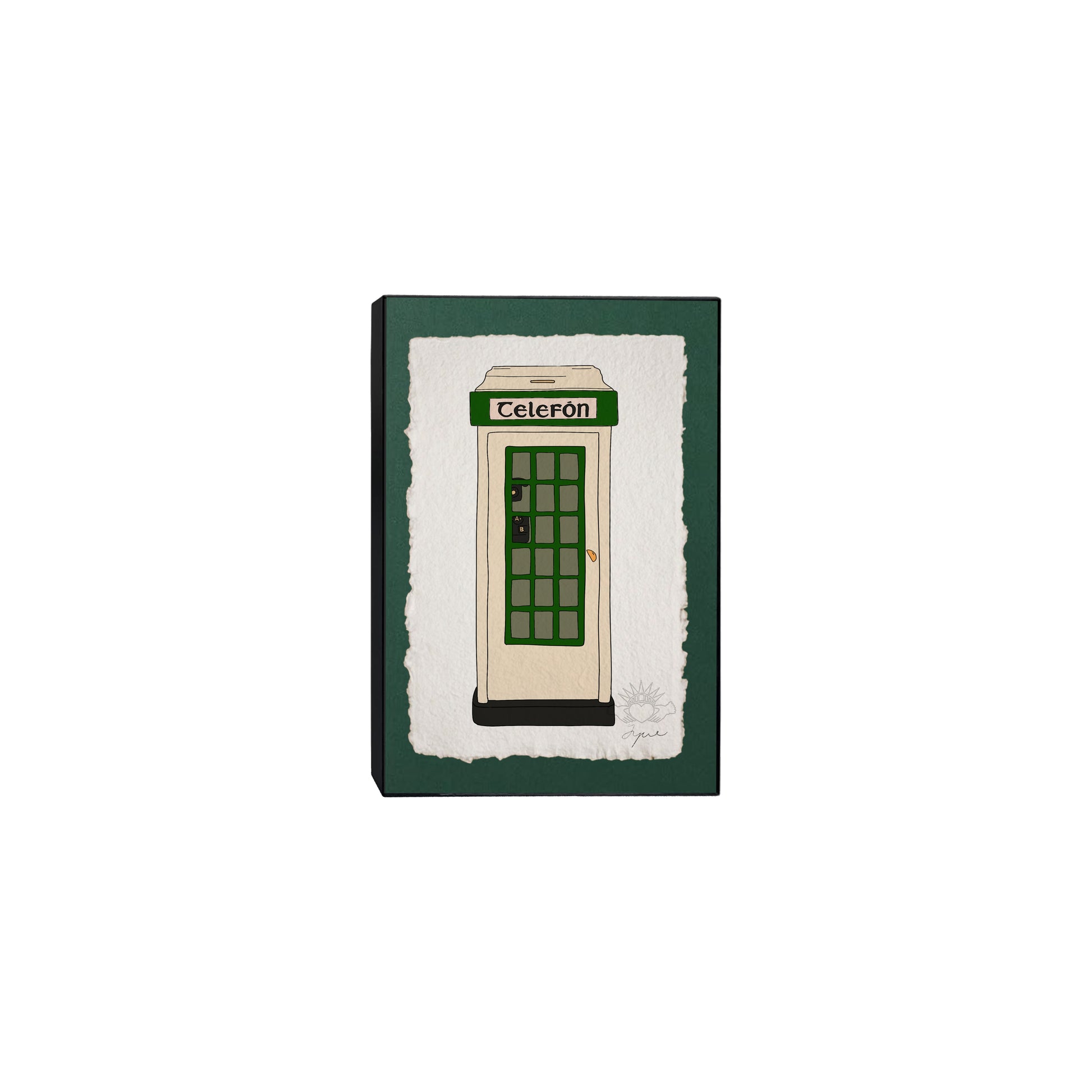 Hand-illustrated classic Irish phone box print on green backing. Each print is signed in pencil at the bottom left and embossed with the FYRNE logo. Framed in a 5x7 inch black frame 