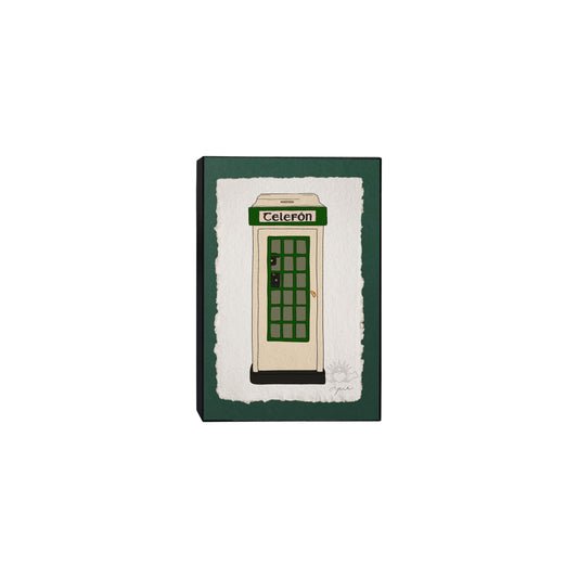 Hand-illustrated classic Irish phone box print on green backing. Each print is signed in pencil at the bottom left and embossed with the FYRNE logo. Framed in a 5x7 inch black frame 