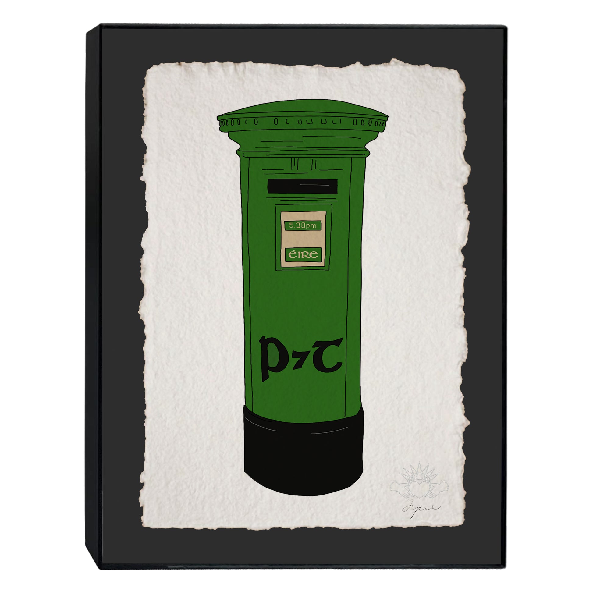 Hand-illustrated classic Irish postbox print on green backing. Each print is signed in pencil at the bottom left and embossed with the FYRNE logo. Framed in an 11x14 inch black frame 