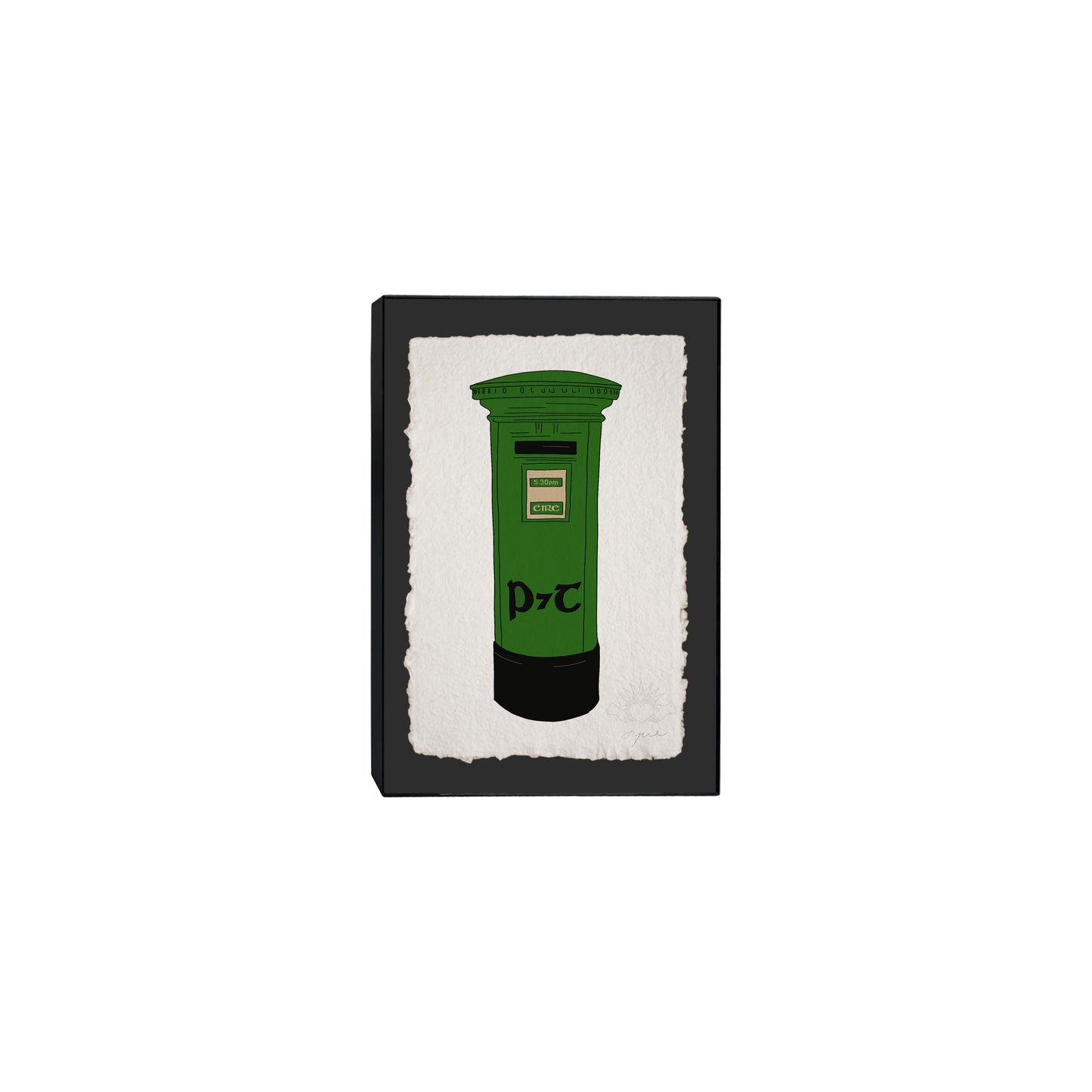 Hand-illustrated classic Irish postbox print on green backing. Each print is signed in pencil at the bottom left and embossed with the FYRNE logo. Framed in a 5x7 inch black frame 
