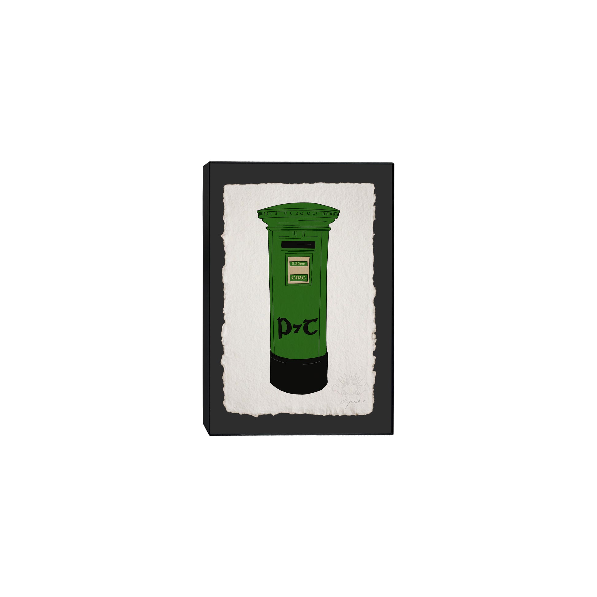 Hand-illustrated classic Irish postbox print on green backing. Each print is signed in pencil at the bottom left and embossed with the FYRNE logo. Framed in a 5x7 inch black frame 