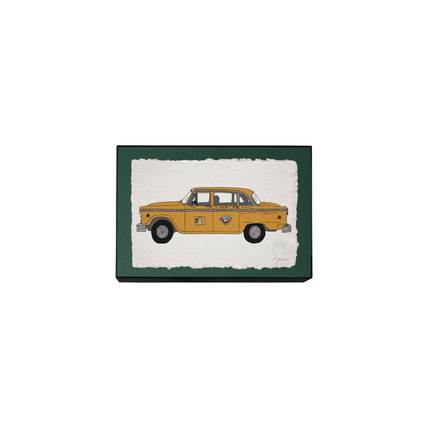 Hand-drawn NYC yellow cab print on textured paper, on green backing framed in black with glass, signed and embossed FYRNE artwork.