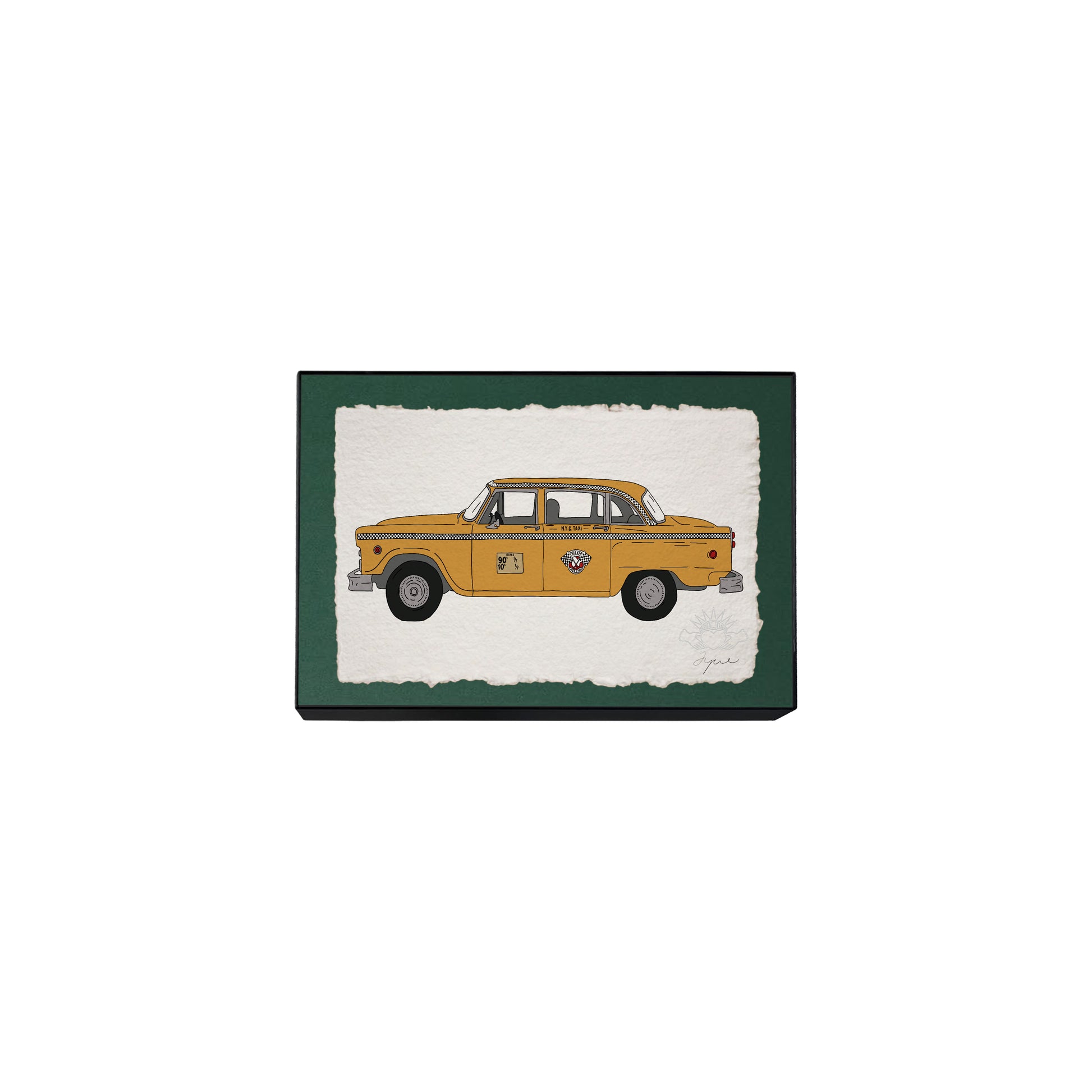Hand-drawn NYC yellow cab print on textured paper, on green backing framed in black with glass, signed and embossed FYRNE artwork.