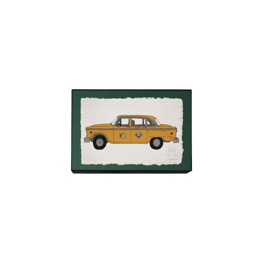 Hand-drawn NYC yellow cab print on textured paper, on green backing framed in black with glass, signed and embossed FYRNE artwork.