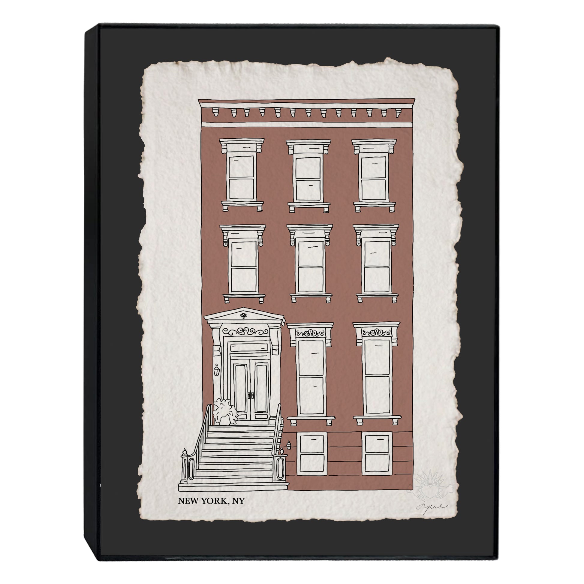Framed art print of a hand drawn Brooklyn brownstone townhouse. Signed in pencil  in a black 11x14 frame