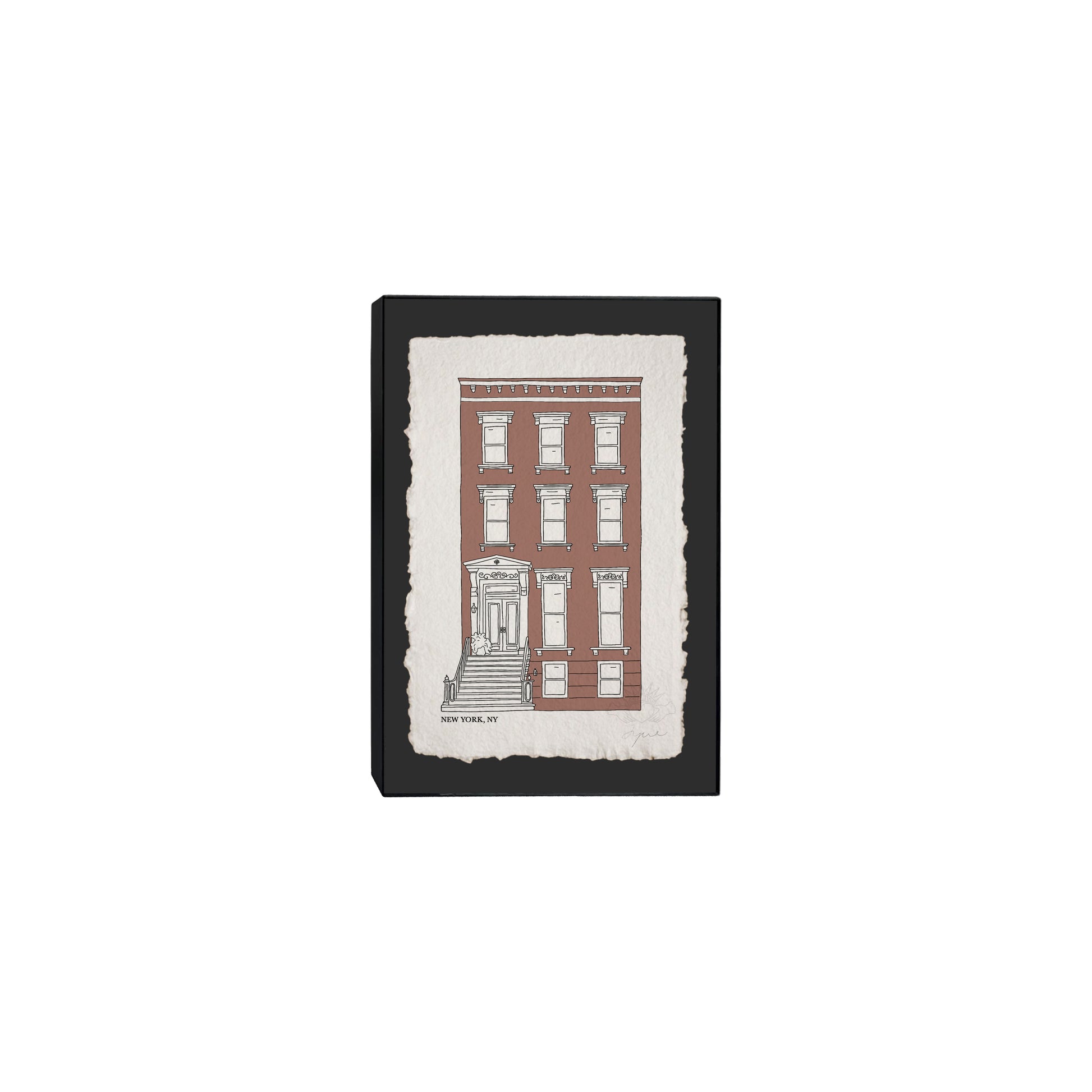 Framed art print of a hand drawn Brooklyn brownstone townhouse. Signed in pencil  in a black 5x7 frame