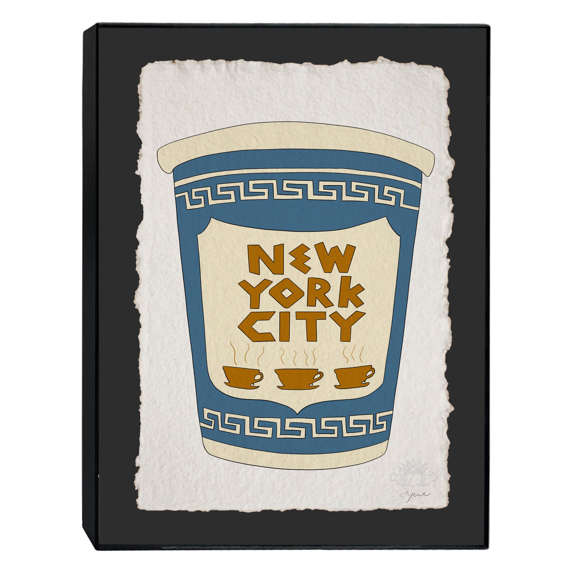 Framed art print of a hand drawn New York City blue coffee cup illustrated on handmade paper on  black background. Signed in pencil  in a black 11x14 frame