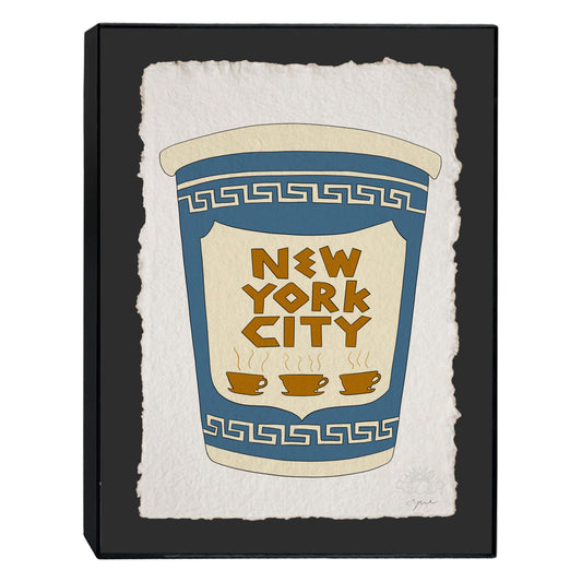 Framed art print of a hand drawn New York City blue coffee cup illustrated on handmade paper on  black background. Signed in pencil  in a black 11x14 frame