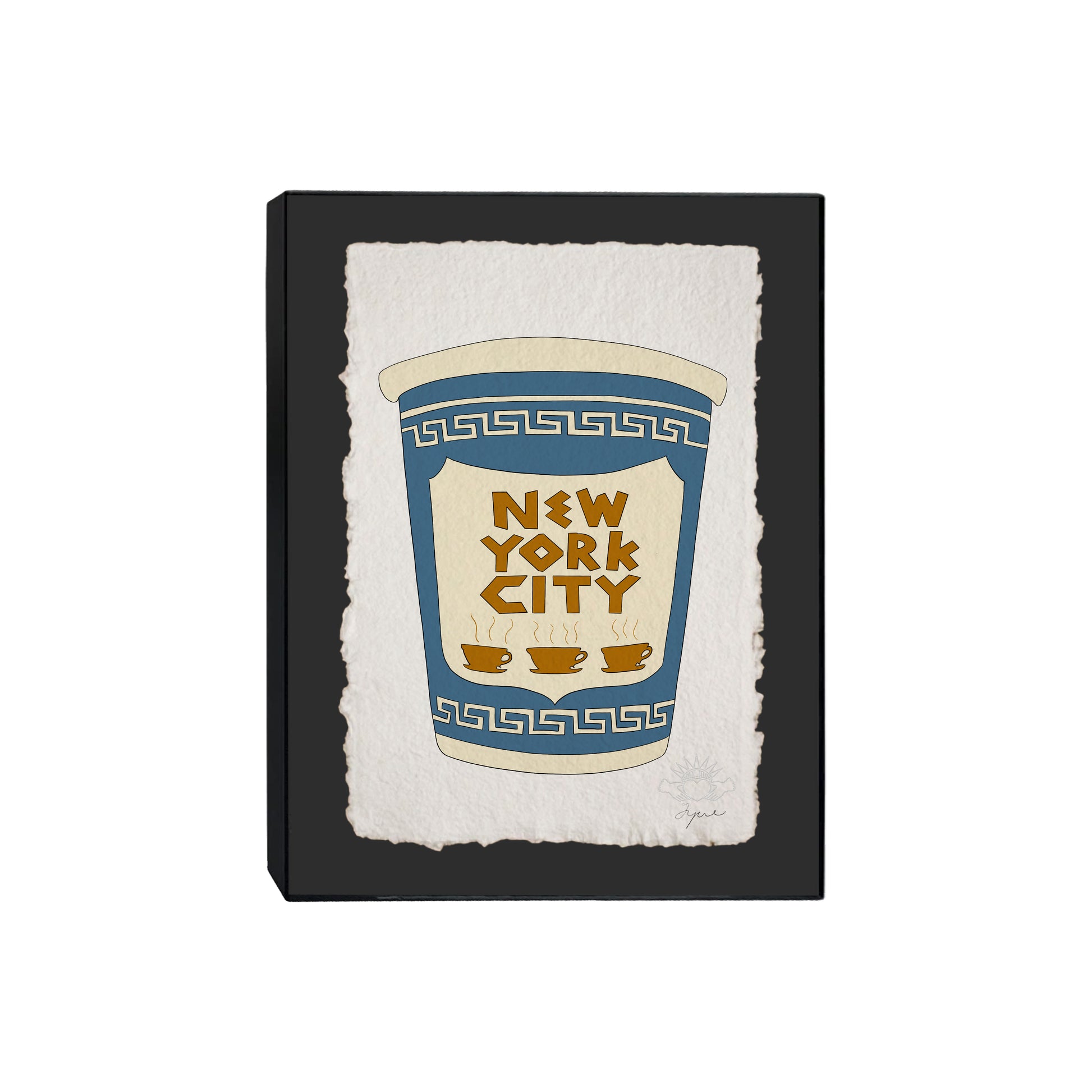 Hand-drawn NYC coffee cup print framed in black, signed and embossed FYRNE artwork on recycled cotton paper.