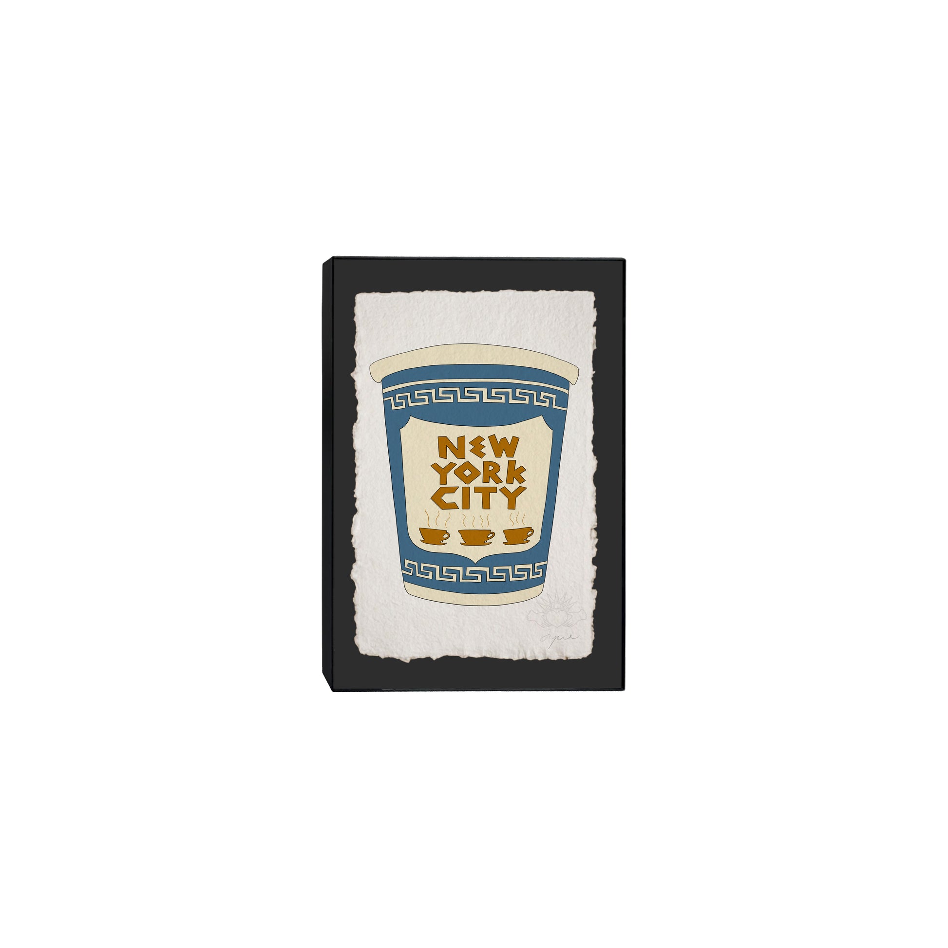 Framed art print of a hand drawn New York City blue coffee cup on black background. Signed in pencil  in a black 5x7 frame