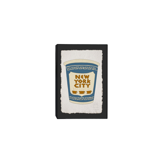 Framed art print of a hand drawn New York City blue coffee cup on black background. Signed in pencil  in a black 5x7 frame