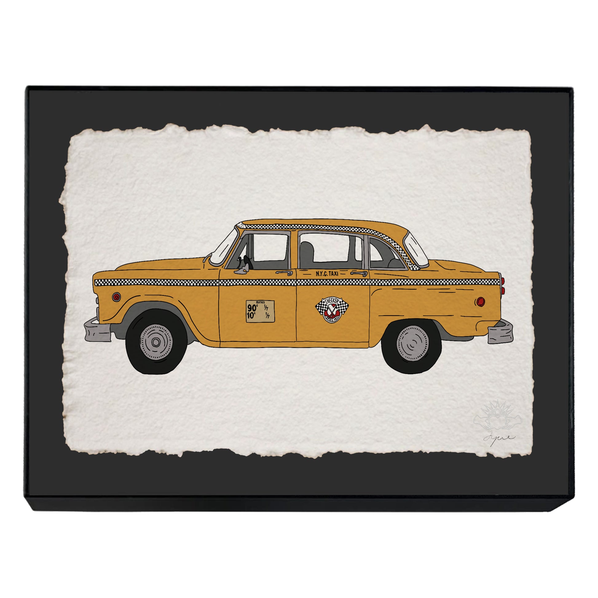 Hand-drawn NYC yellow cab print on textured paper, on black backing 14x 11 inch framed in black with glass, signed and embossed FYRNE artwork.