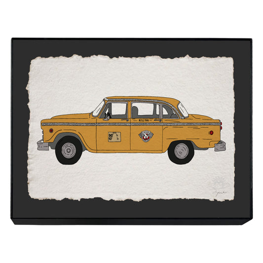 Hand-drawn NYC yellow cab print on textured paper, on black backing 14x 11 inch framed in black with glass, signed and embossed FYRNE artwork.