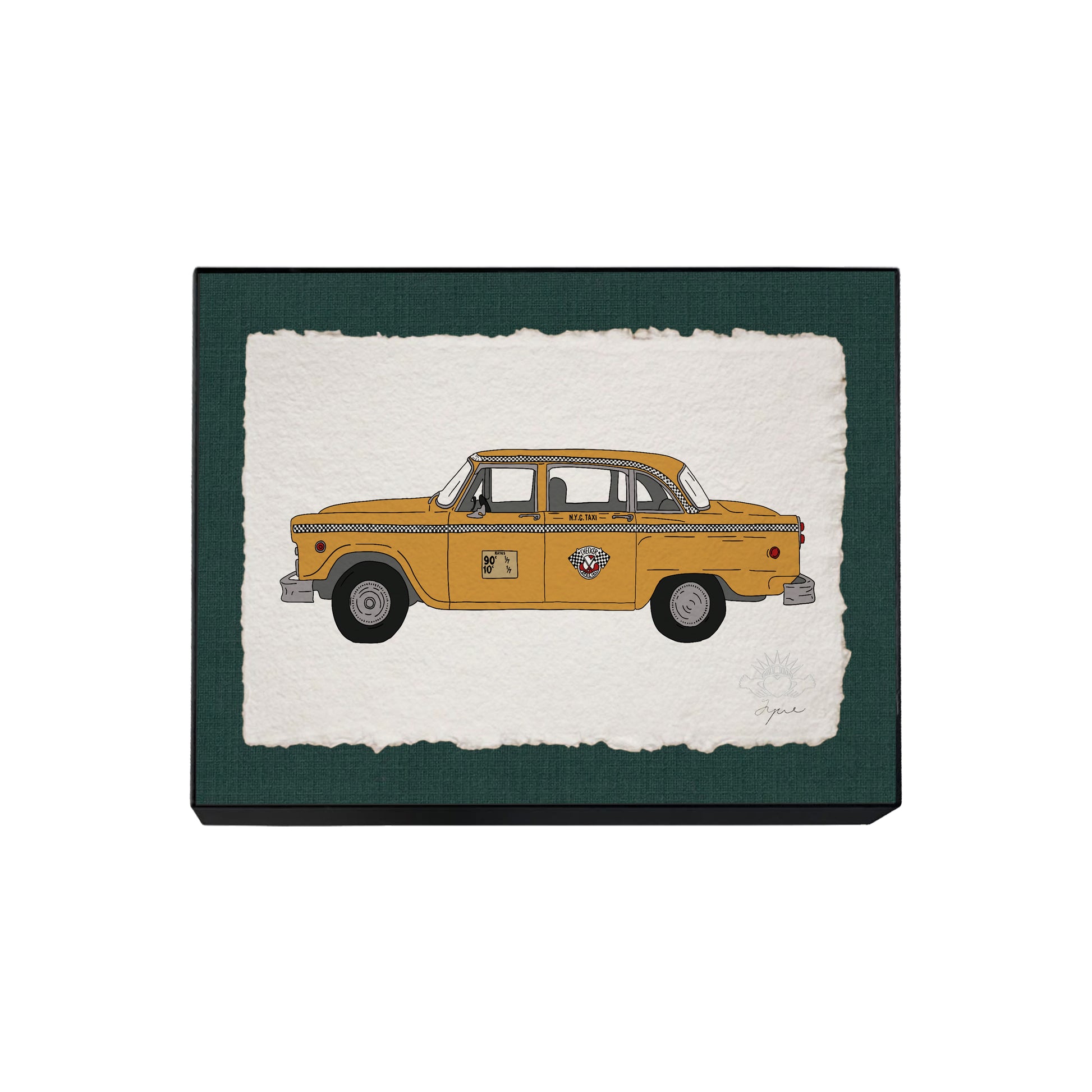 Hand-drawn NYC yellow cab print on textured paper, framed in black with glass, signed and embossed FYRNE artwork. size 8x10