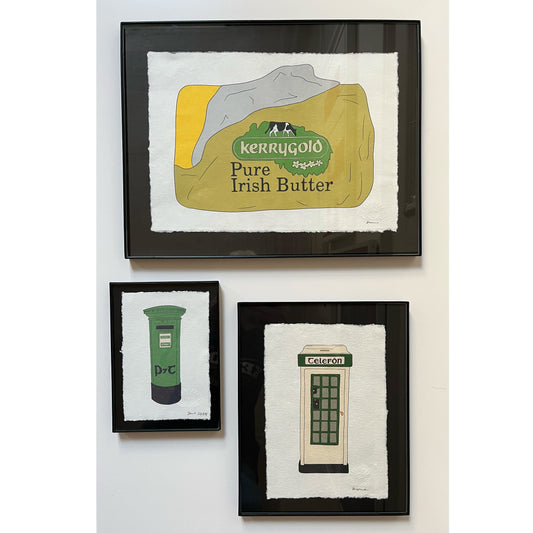 Set of three hand illustrated Irish prints framed in black: Kerrygold inspired design, phone box and postbox.