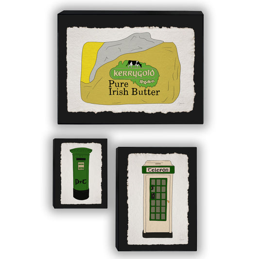 Set of three hand illustrated Irish prints framed in black: Kerrygold inspired design, phone box and postbox.