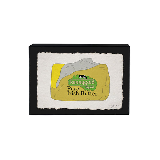 Hand-drawn 5x7 inch print of 1980s Kerrygold Irish butter packaging, signed and embossed FYRNE artwork in black frame with glass