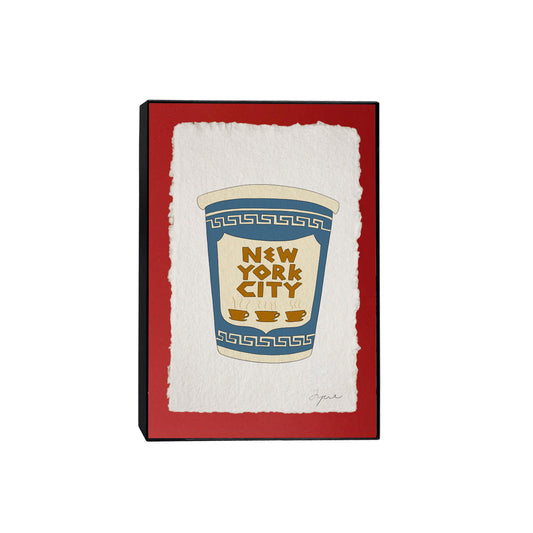 Framed art print of a hand drawn New York City blue coffee cup on red background. Signed in pencil  in a black 5x7 frame