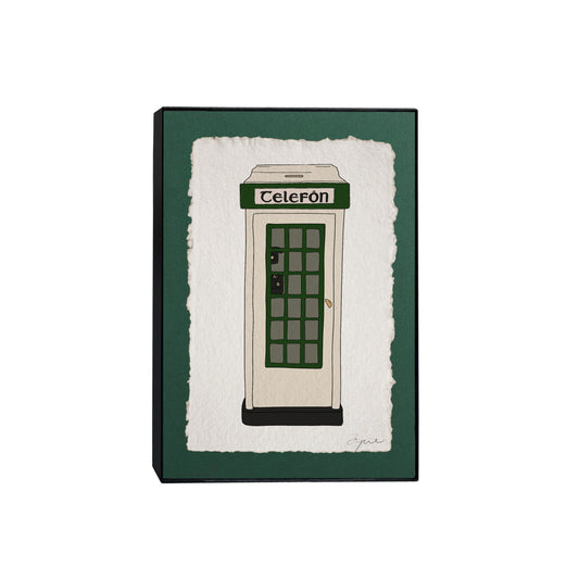 Hand-illustrated classic Irish phone box print on green backing. Each print is signed in pencil at the bottom left and embossed with the FYRNE logo. Framed in a 5x7 inch black frame 