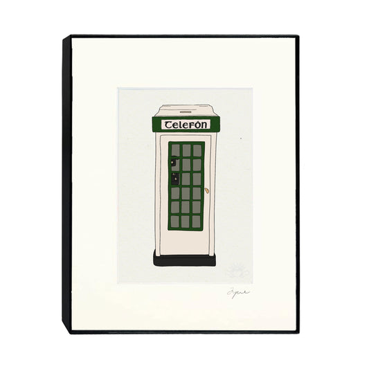 Hand-illustrated classic Irish phone box print. Each print is signed in pencil at the bottom left and embossed with the FYRNE logo. Framed in an 8×10 inch black frame with mat and glass.