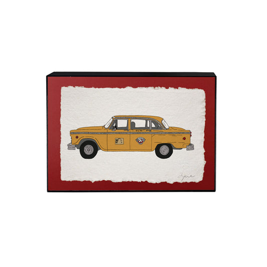 Hand-drawn NYC yellow cab print on textured paper, on red backing framed in black with glass, signed and embossed FYRNE artwork.