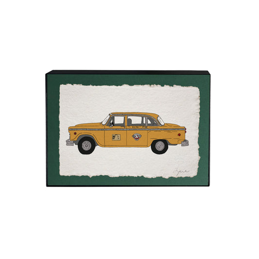 Hand-drawn NYC yellow cab print on textured paper, on green backing framed in black with glass, signed and embossed FYRNE artwork.