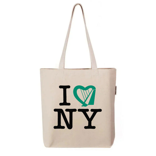 Natural canvas tote bag with I Harp NY design featuring a green harp in the shape of a heart.