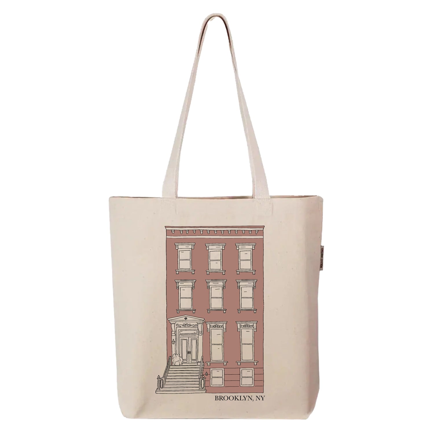 Natural canvas tote bag  featuring illustration of a Brooklyn Brownstone
